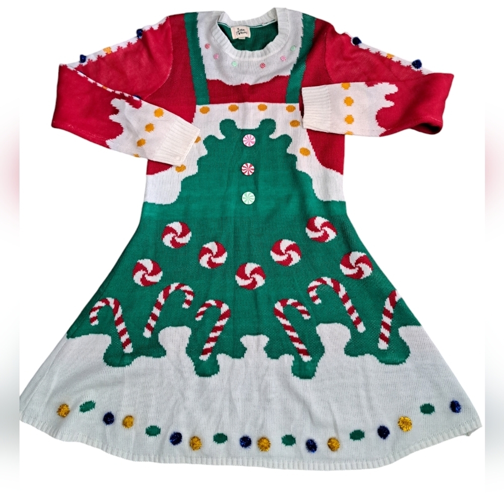 BORN FAMOUS Christmas Holiday fun long sleeve dress pom poms candy canes JNR LG